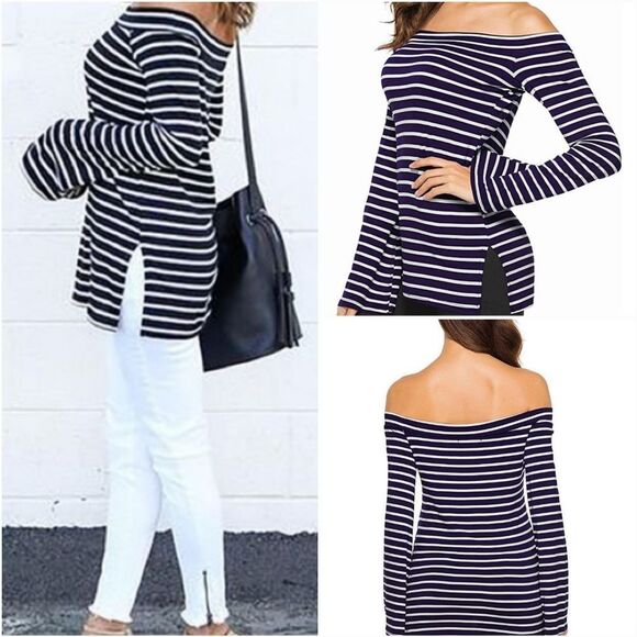 🍑Black & White Striped Off Shoulder Bell Sleeve Top XLarge - Picture 13 of 13